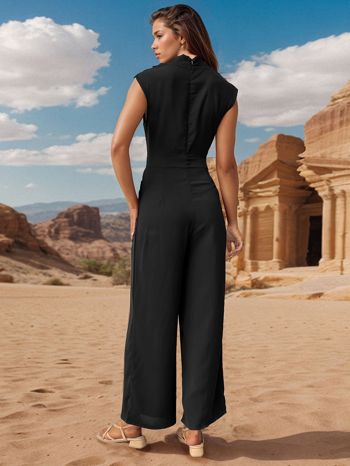 Ruched Mock Neck Sleeveless Jumpsuit