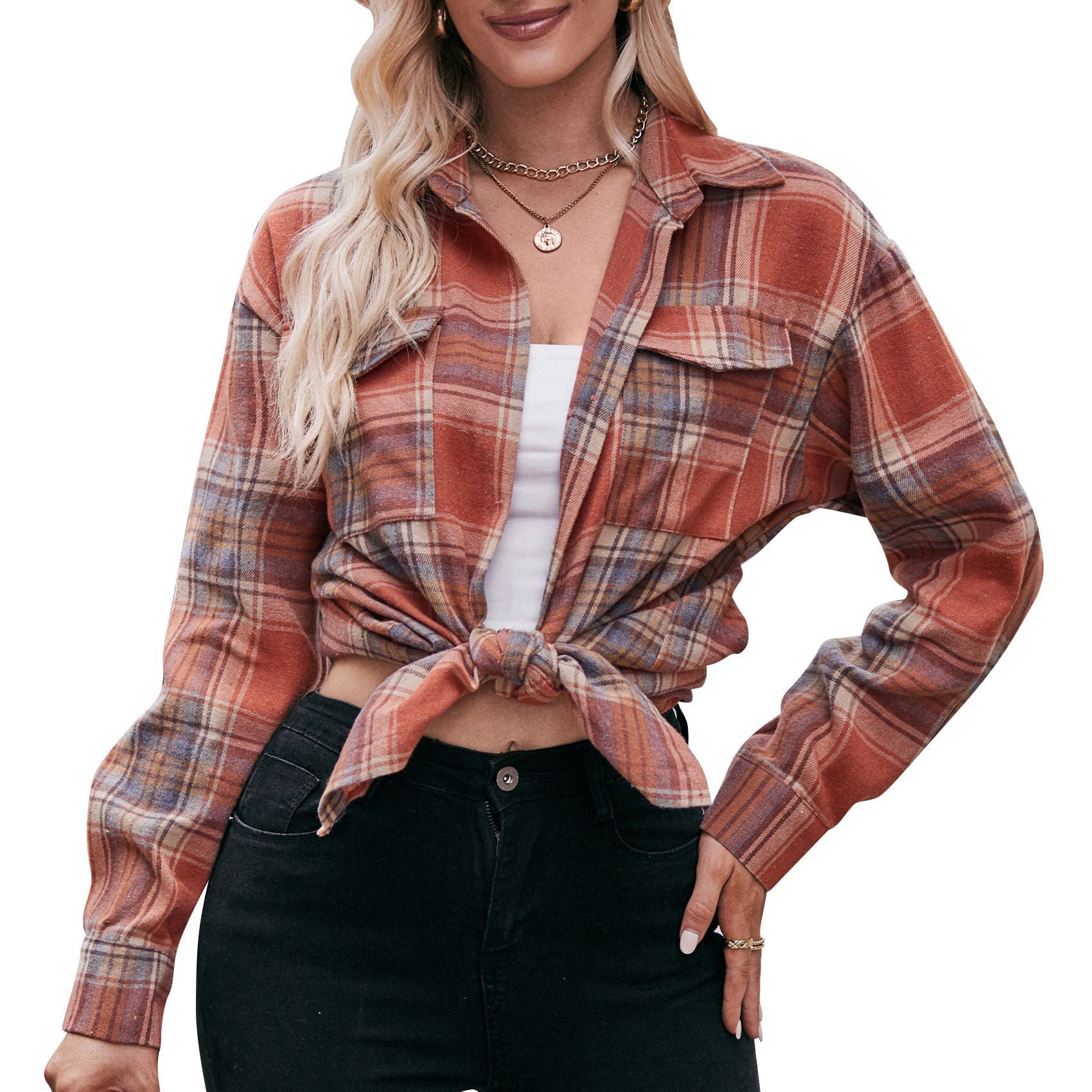 Women's Autumn Winter Coat Casual Fashion Loose Plaid Shirt