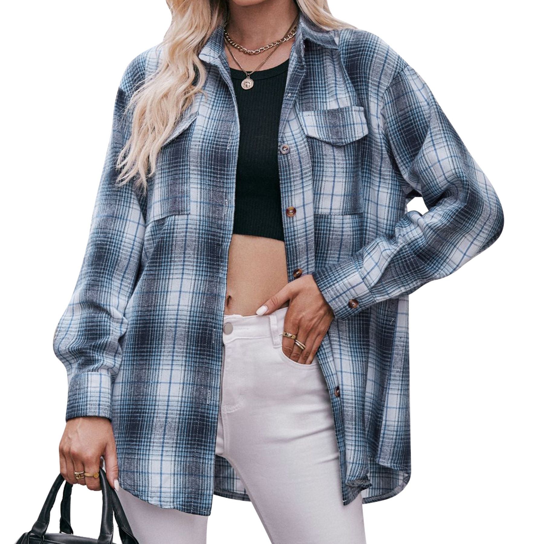 Women's Autumn Winter Coat Casual Fashion Loose Plaid Shirt