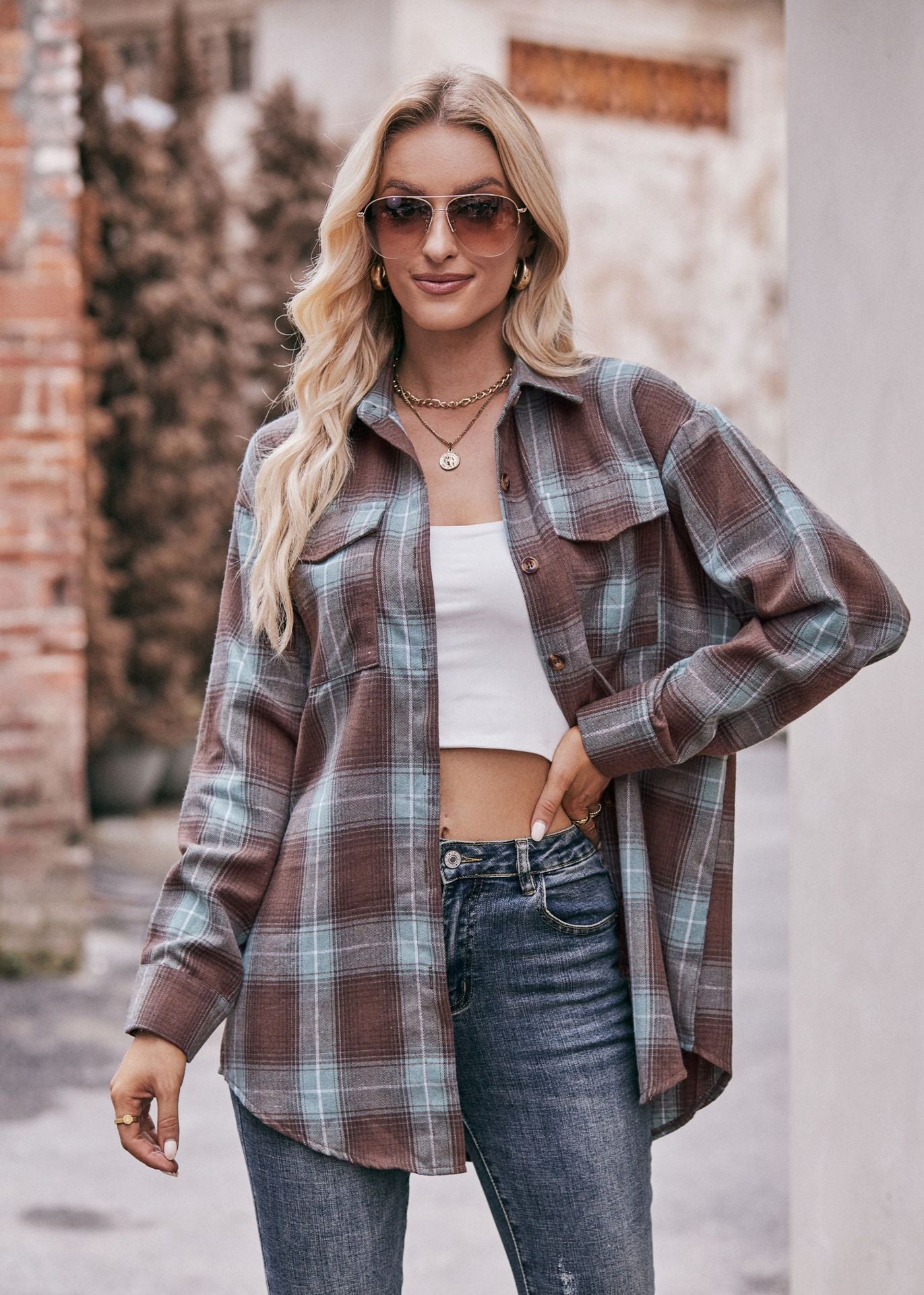 Women's Autumn Winter Coat Casual Fashion Loose Plaid Shirt