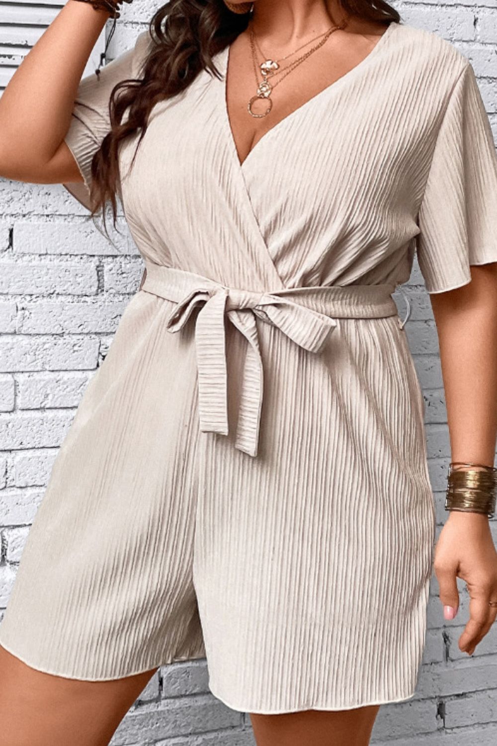 Plus Size Tie Waist Surplice Neck Romper - MobbMall