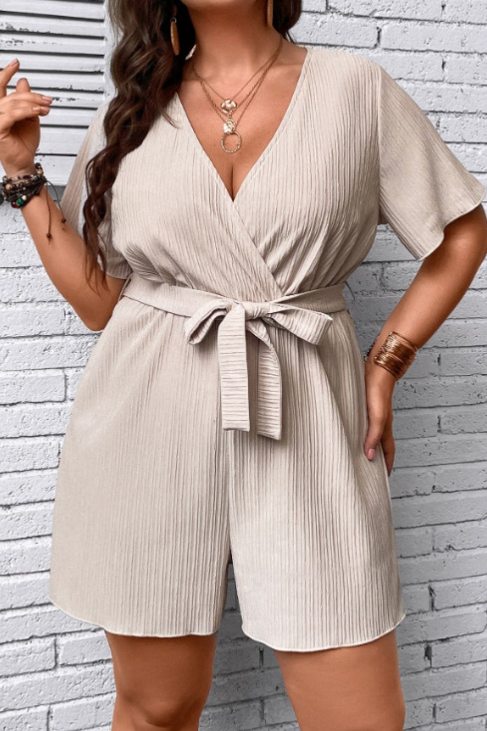 Plus Size Tie Waist Surplice Neck Romper - MobbMall