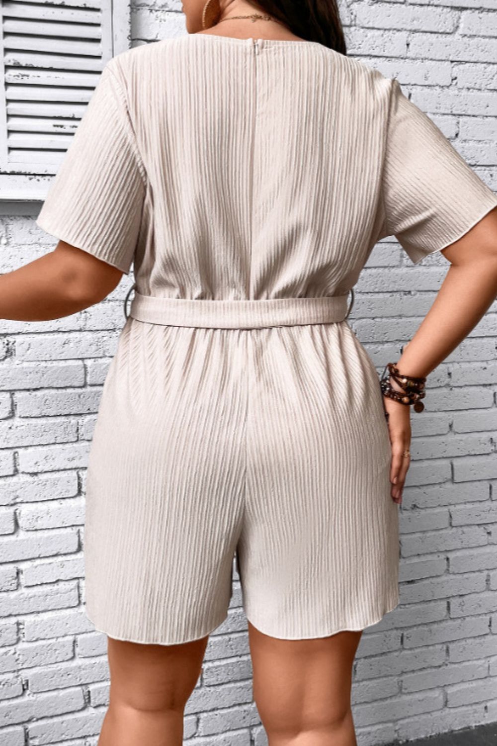 Plus Size Tie Waist Surplice Neck Romper - MobbMall