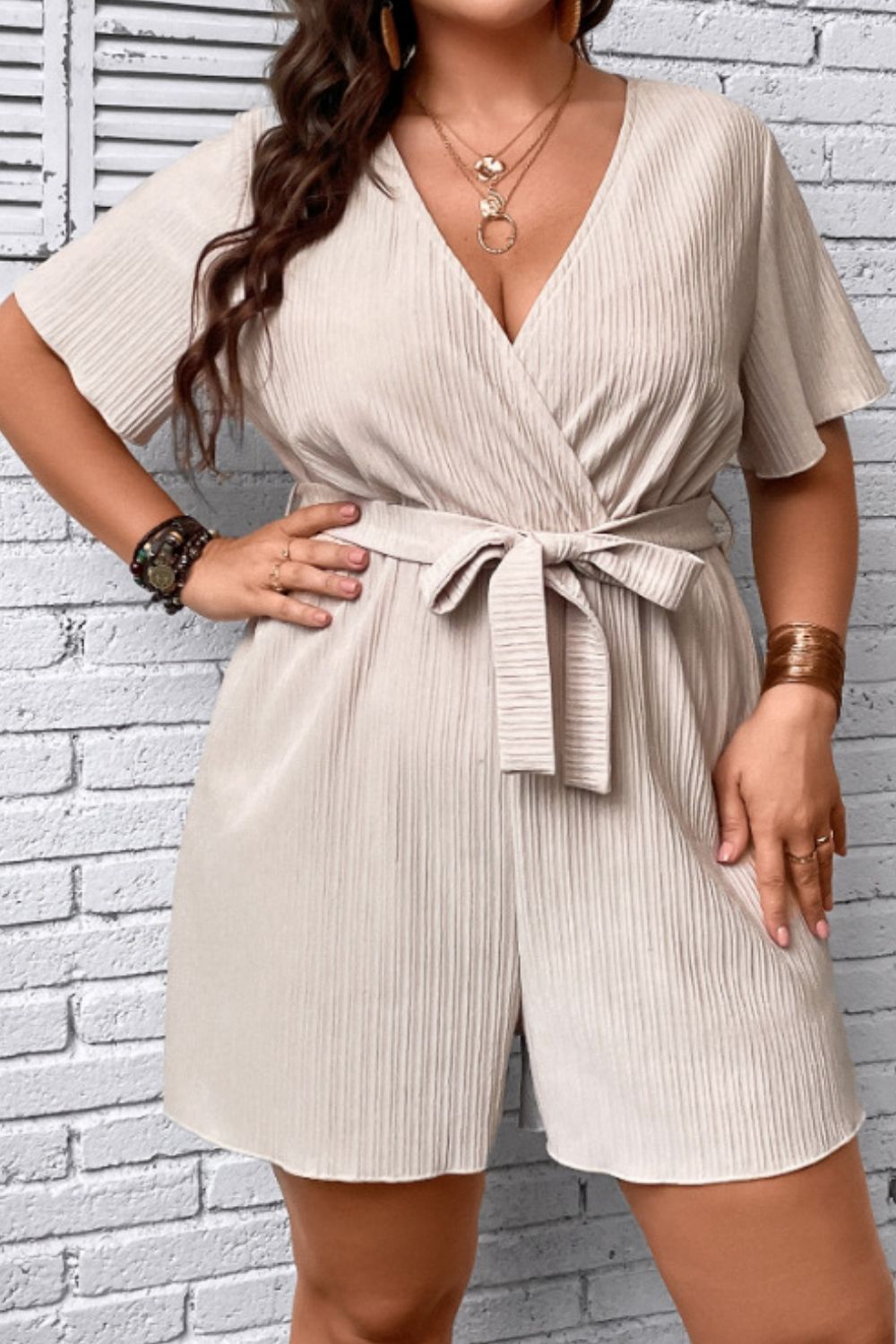 Plus Size Tie Waist Surplice Neck Romper - MobbMall